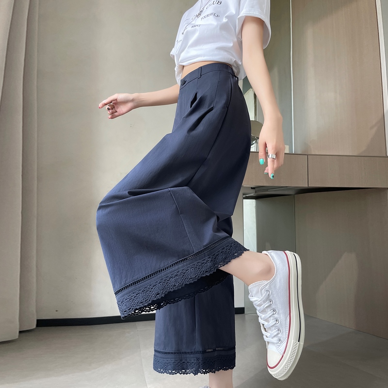 實拍2026夏季新款薄款冰絲棉麻闊腿褲蕾絲九分褲直筒休閑褲女