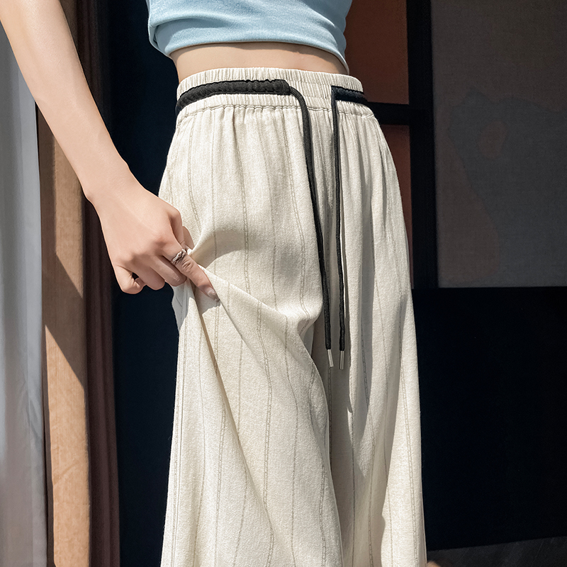 實拍2026夏季新款天絲亞麻闊腿條紋褲薄款冰絲防曬拖地褲女
