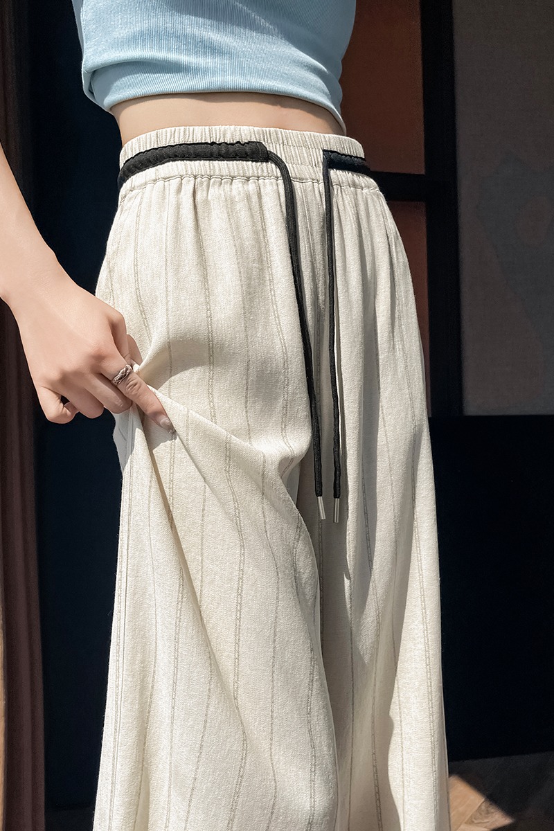 實拍2026夏季新款天絲亞麻闊腿條紋褲薄款冰絲防曬拖地褲女
