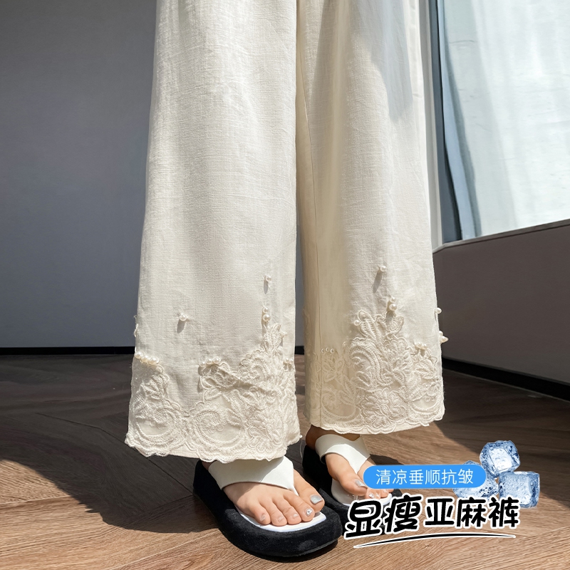 實拍2026夏季新款天絲亞麻蕾絲拼接休閑冰絲闊腿直筒薄款休閑褲女