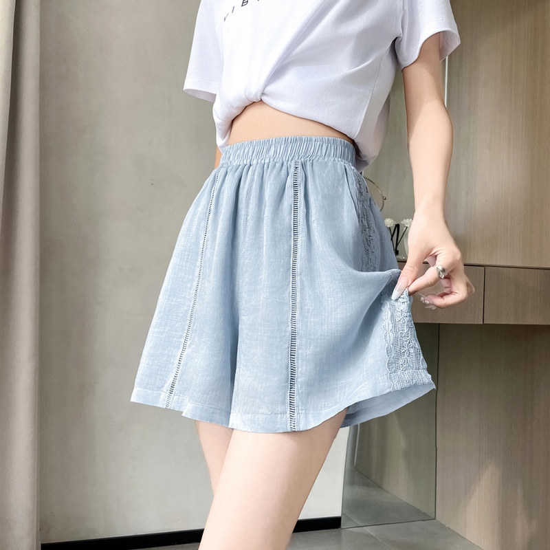 實拍2026夏季新款天絲亞麻闊腿褲短褲蕾絲A字冰絲休閑褲女