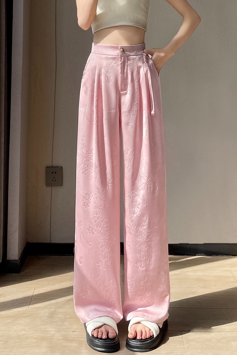 實拍2026夏季新款新中式提花緞面國風西裝褲窄版闊腿休閑褲女