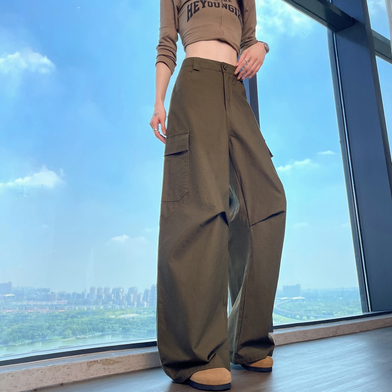 實拍2026夏季新款彎刀工裝褲高腰闊腿休閑褲直筒復古運動褲女