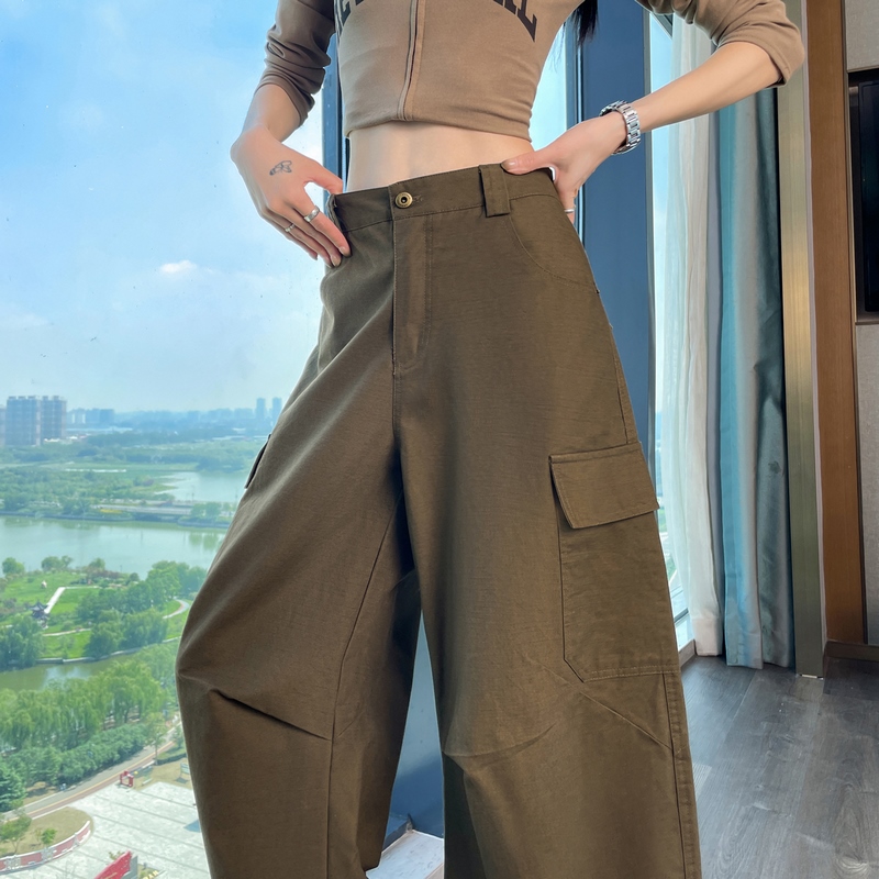 實拍2026夏季新款彎刀工裝褲高腰闊腿休閑褲直筒復古運動褲女