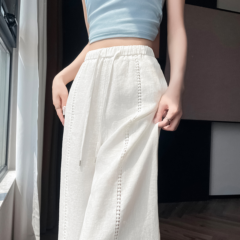 實拍2026夏季新款天絲亞麻闊腿褲高腰休閑褲冰絲蕾絲拖地褲女