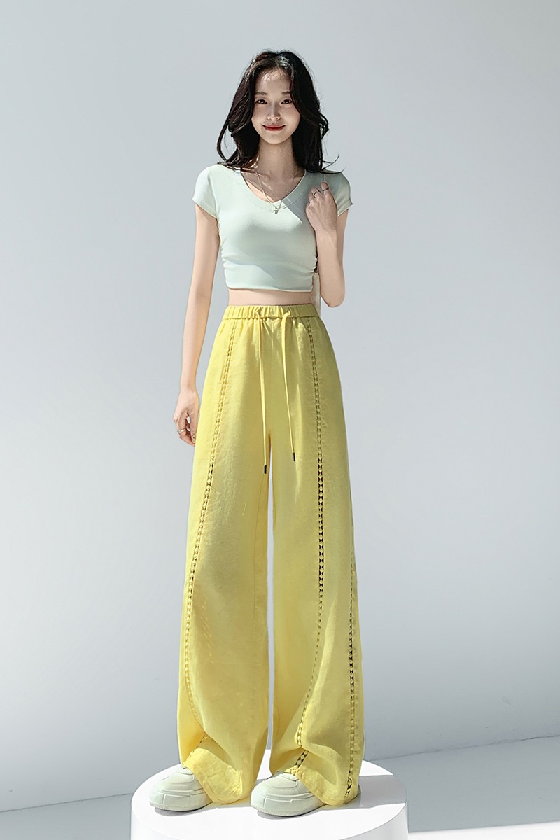 實拍2026夏季新款天絲亞麻闊腿褲薄款冰絲防曬鏤空直筒拖地褲女