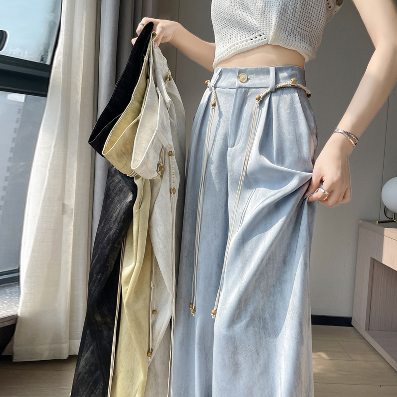 實拍2026夏季新款扎染醋酸緞面冰絲高腰闊腿防曬薄款拖地褲女