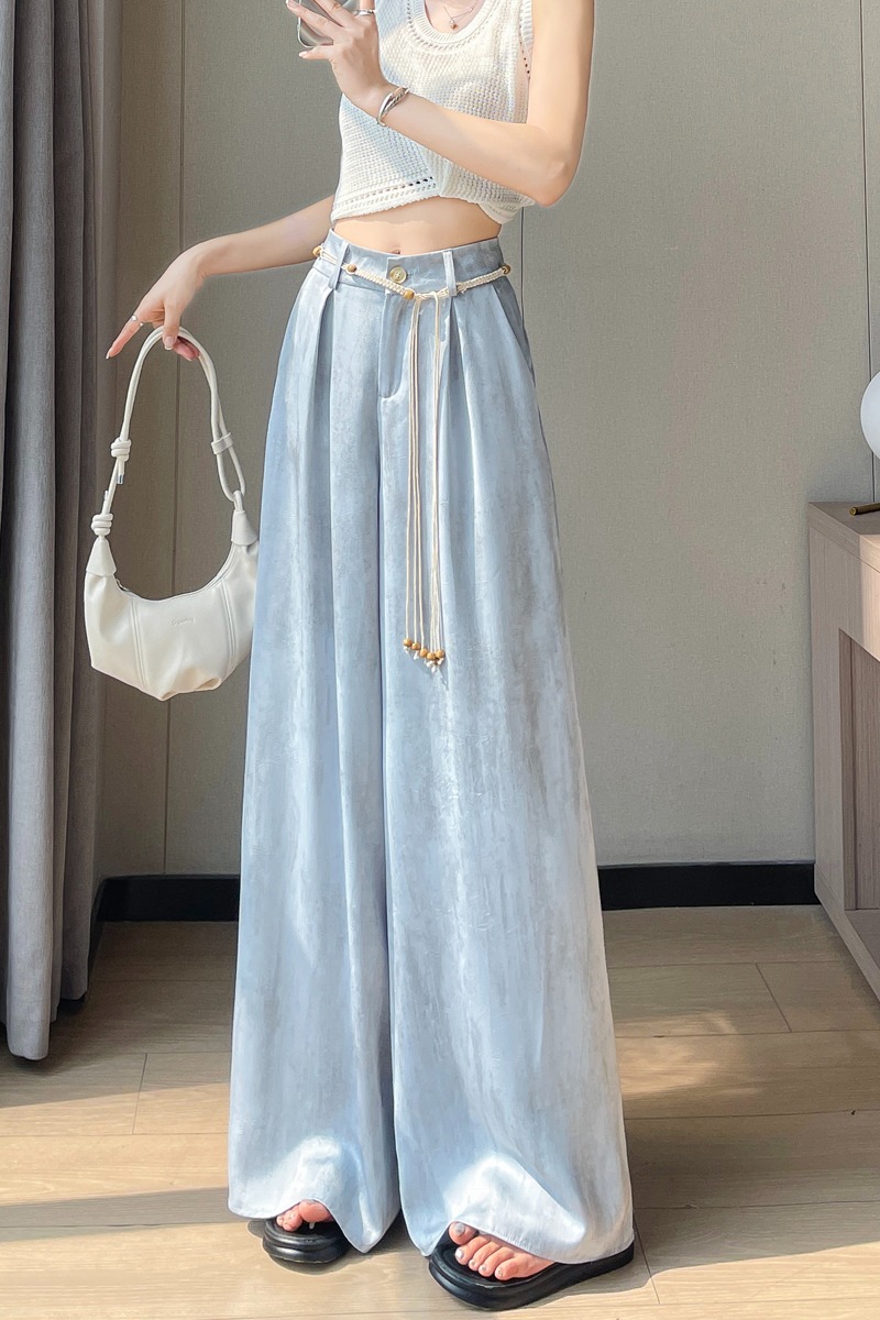實拍2026夏季新款扎染醋酸緞面冰絲高腰闊腿防曬薄款拖地褲女