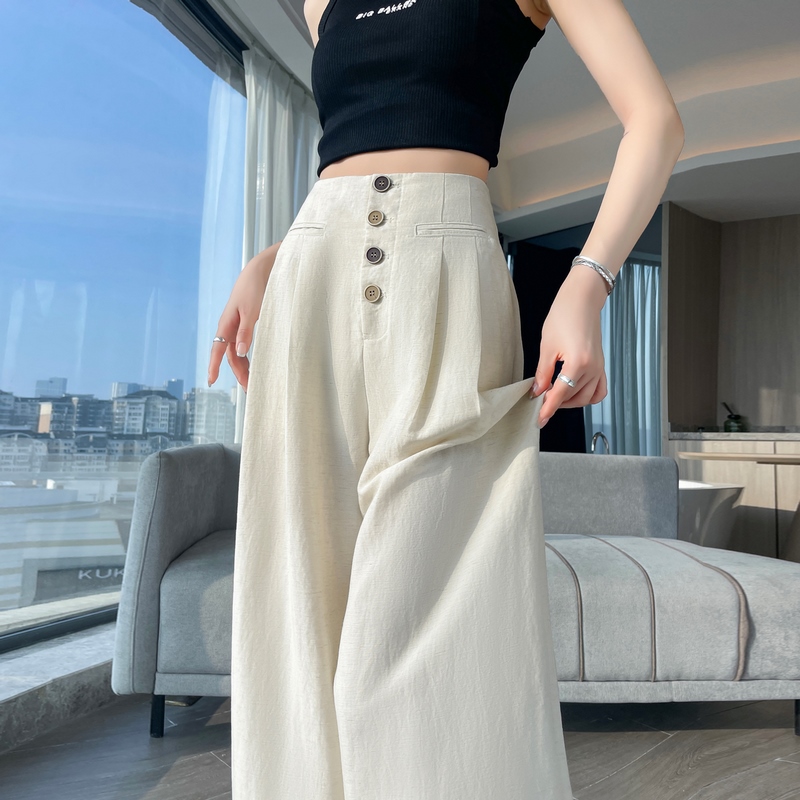 實拍2026夏季新款天絲亞麻闊腿褲高腰休閑褲冰絲防曬拖地褲女