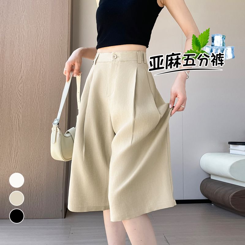 實拍2026夏季新款薄款天絲亞麻五分褲A字短褲闊腿褲高腰冰絲褲女