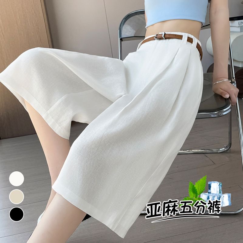 實拍2026夏季新款薄款天絲亞麻五分褲A字短褲闊腿褲高腰冰絲褲女