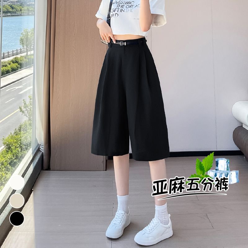 實拍2026夏季新款薄款天絲亞麻五分褲A字短褲闊腿褲高腰冰絲褲女