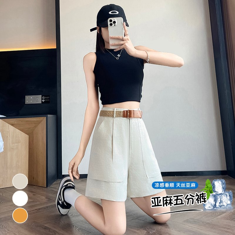 實拍2026夏季新款薄款天絲亞麻A字短褲高腰冰絲褲五分褲闊腿褲女