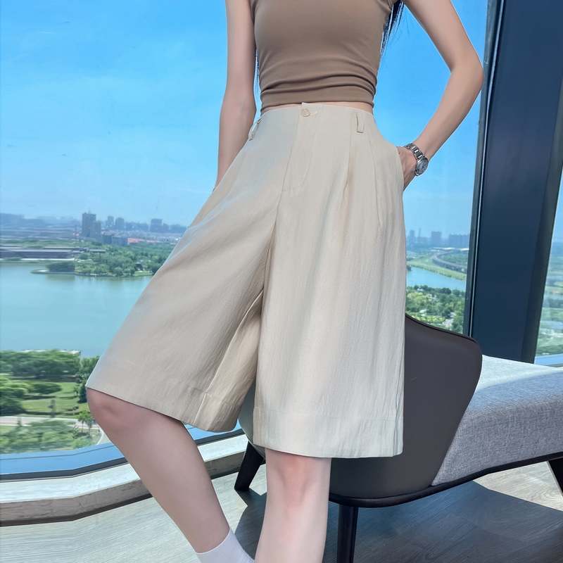 實拍2026夏季新款薄款天絲亞麻A字短褲闊腿褲高腰冰絲褲五分褲女
