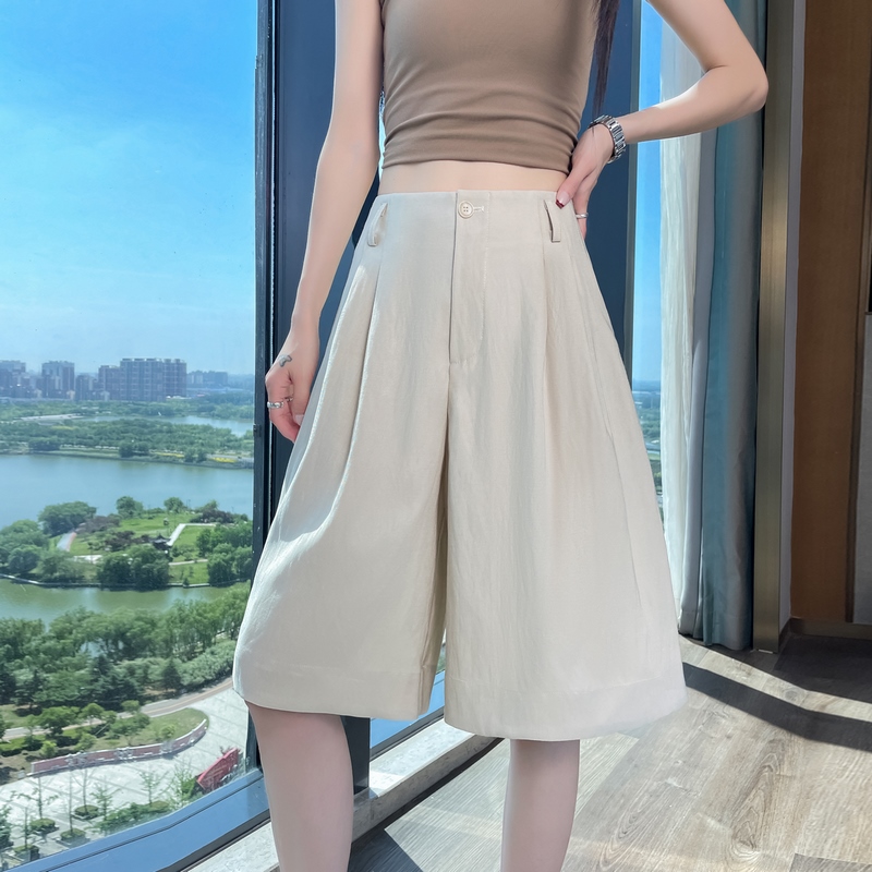 實拍2026夏季新款薄款天絲亞麻A字短褲闊腿褲高腰冰絲褲五分褲女