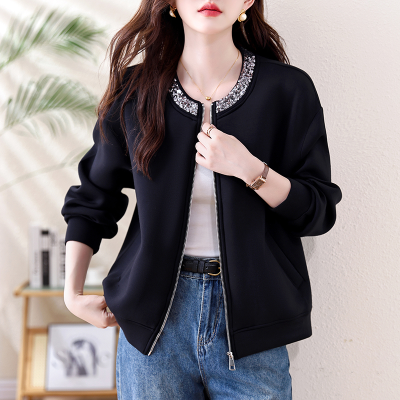 MY17426# 休闲棒球服钉珠片拉链开衫圆领短外套女裝貨源服裝批發