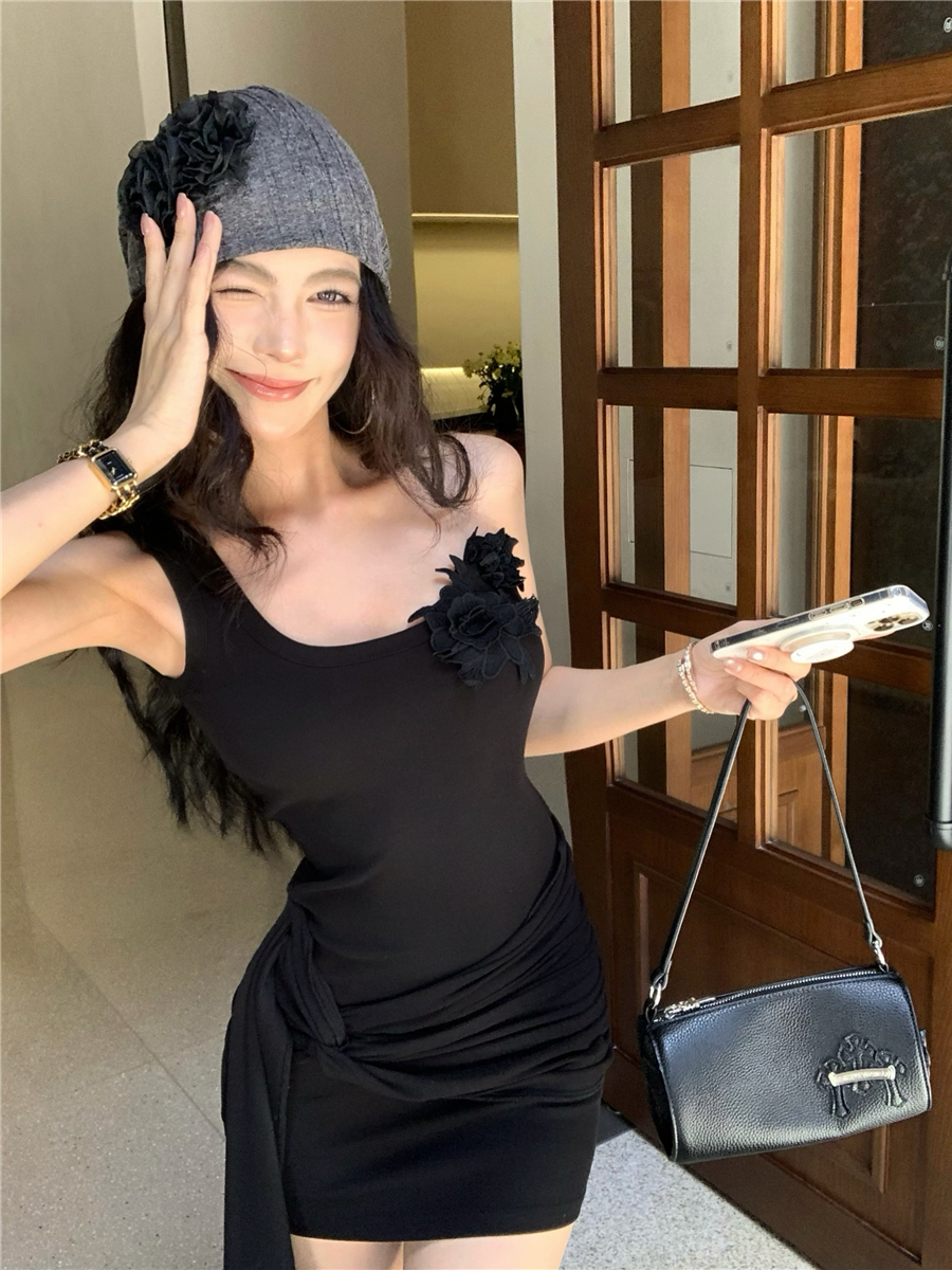 實拍復古性感甜辣立體花朵不規則背心包臀裙吊帶連衣裙女