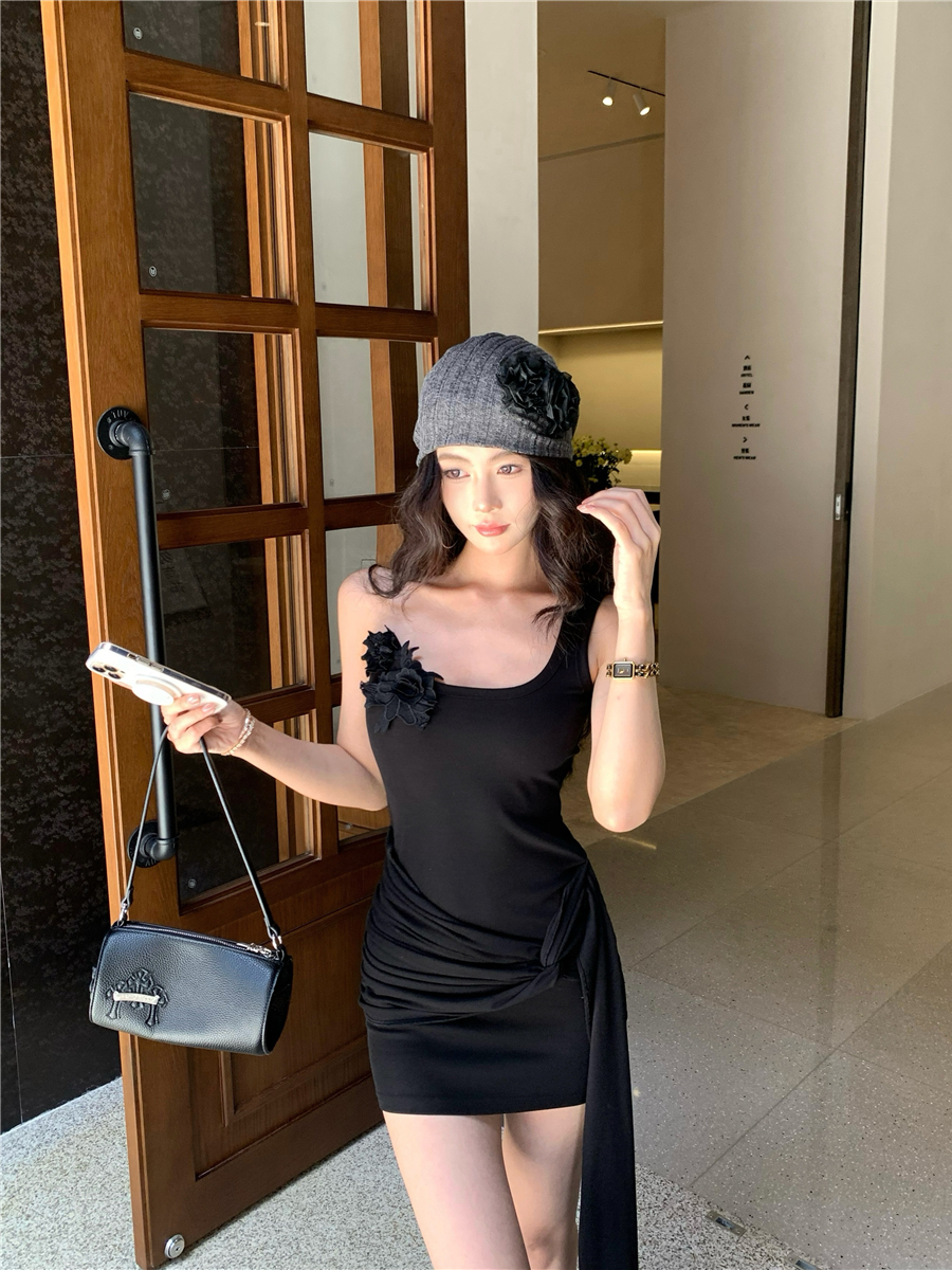 實拍復古性感甜辣立體花朵不規則背心包臀裙吊帶連衣裙女