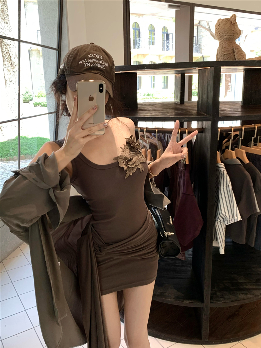 實拍復古性感甜辣立體花朵不規則背心包臀裙吊帶連衣裙女