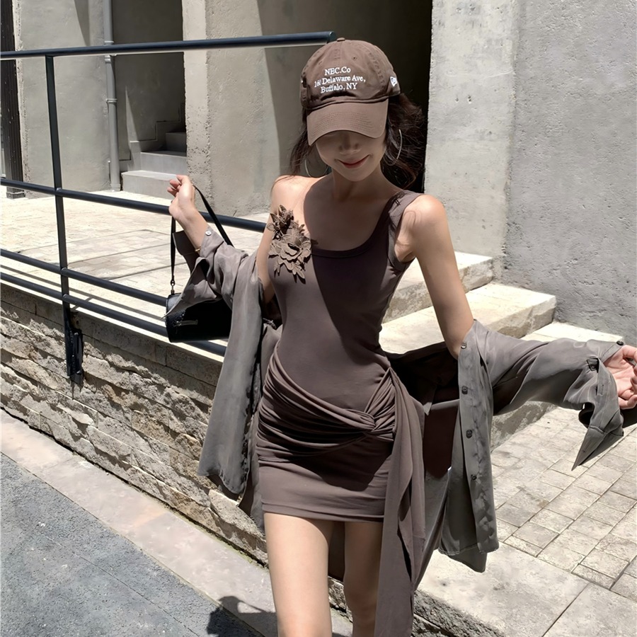 實拍復古性感甜辣立體花朵不規則背心包臀裙吊帶連衣裙女