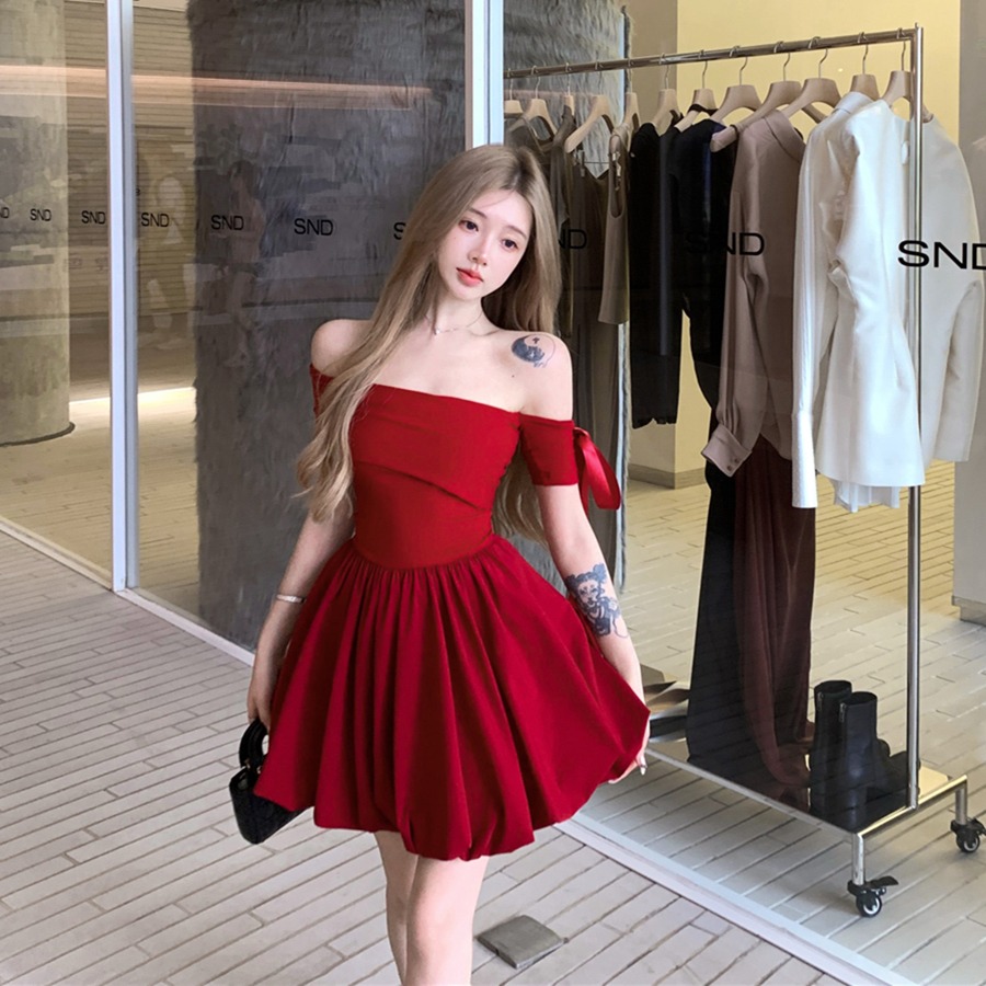 實拍復古性感一字肩花苞裙甜美蝴蝶結蓬蓬連衣裙女