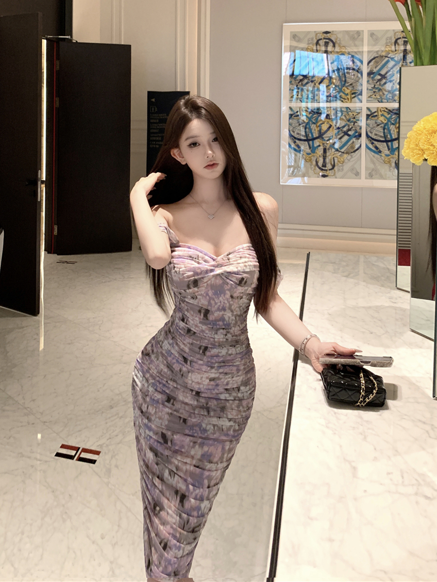 實拍性感V領暈染碎花收腰顯瘦包臀連衣裙女