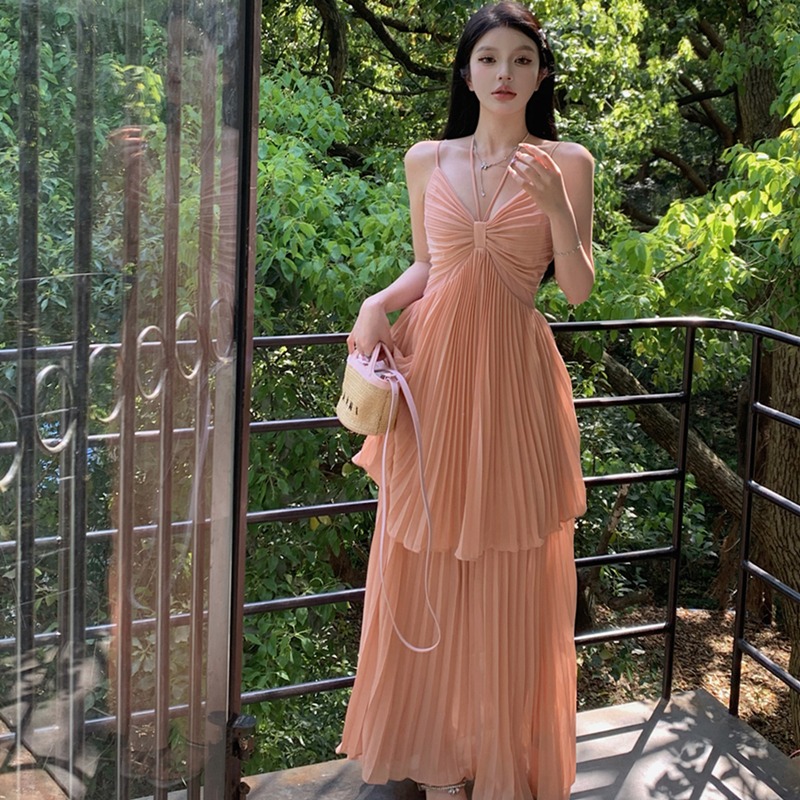 實拍夏季性感純欲V領吊帶掛脖高腰顯瘦海邊度假假兩件連衣裙女
