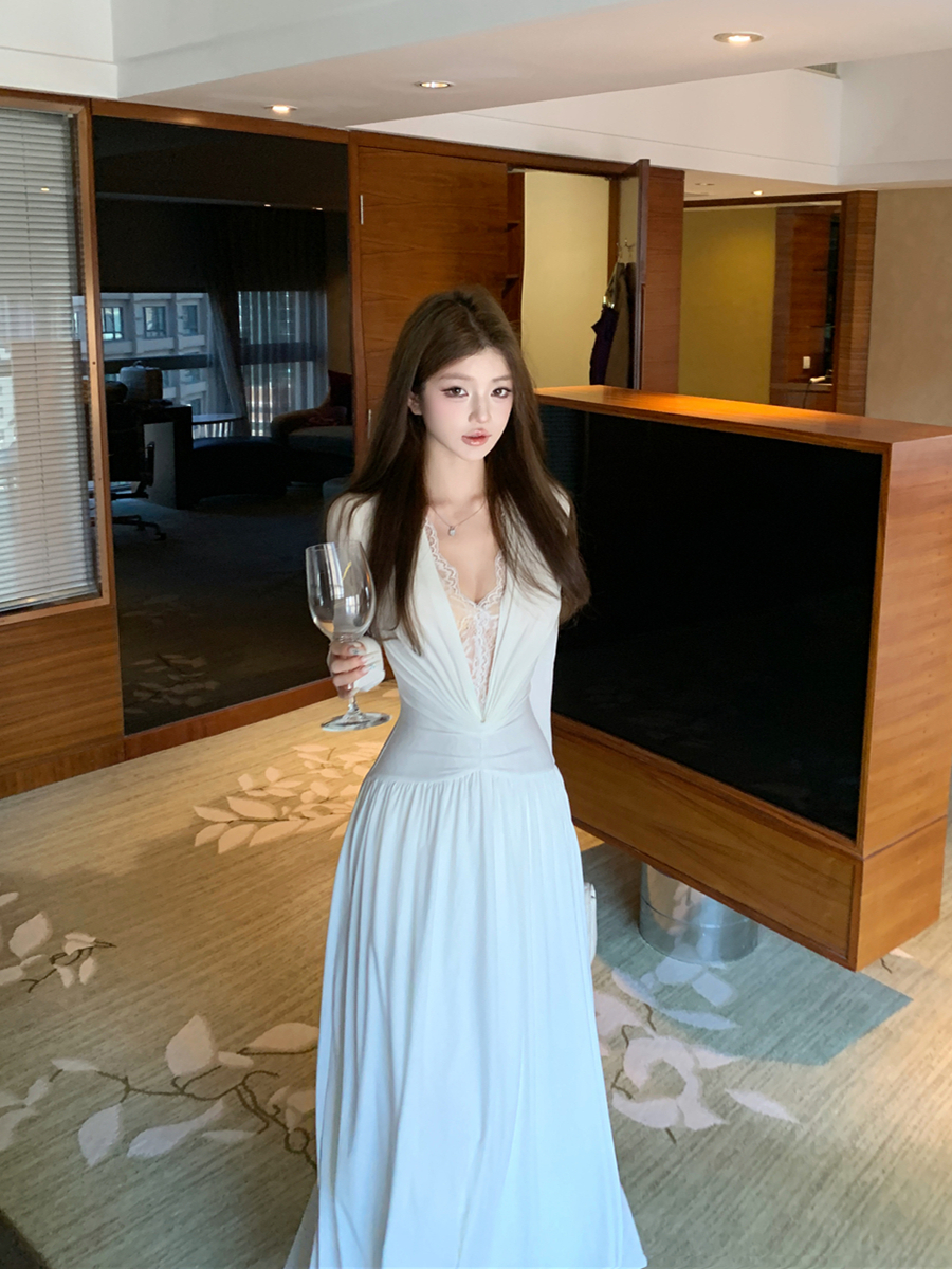 實拍性感收腰顯瘦V領長袖連衣裙長裙女