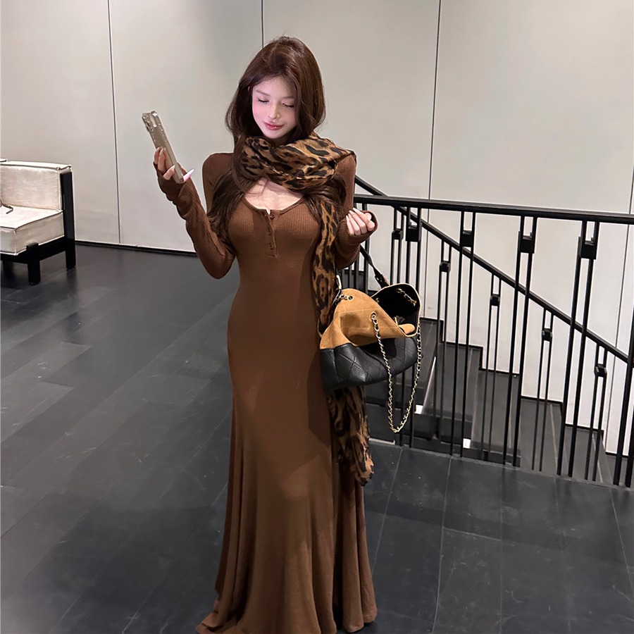 實拍復古性感百搭修身顯瘦針織魚尾長裙連衣裙女