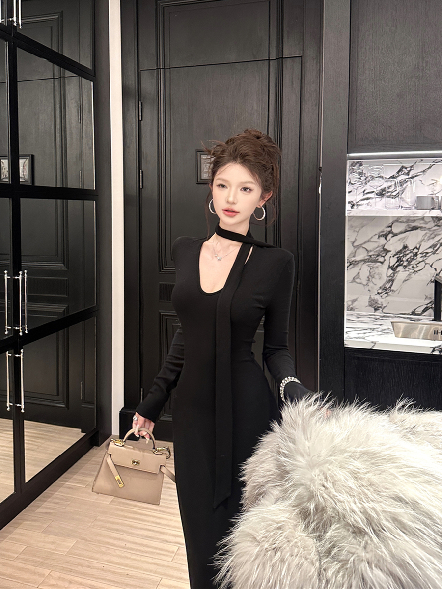 實拍復古性感V領飄帶針織修身顯瘦長裙連衣裙包臀裙女