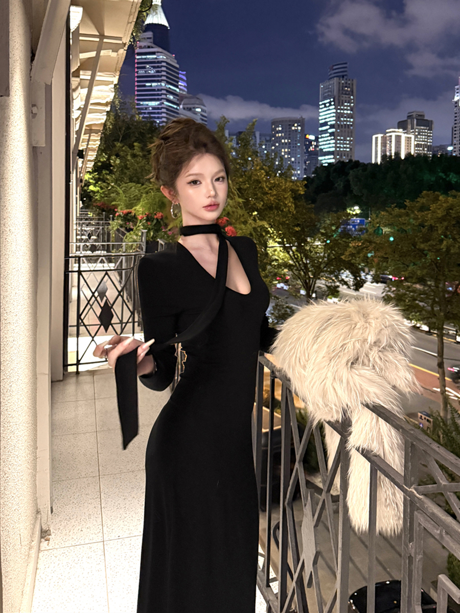 實拍復古性感V領飄帶針織修身顯瘦長裙連衣裙包臀裙女