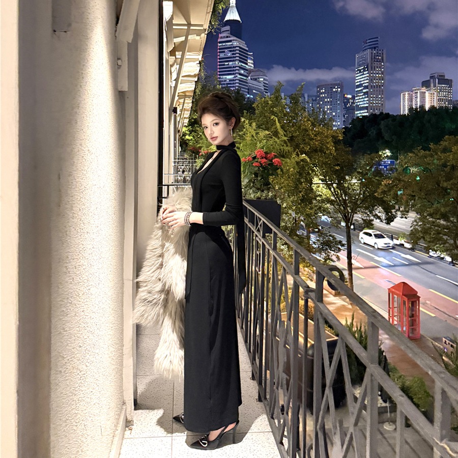 實拍復古性感V領飄帶針織修身顯瘦長裙連衣裙包臀裙女
