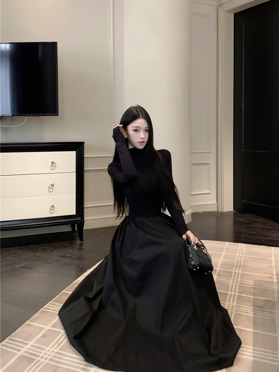 實拍秋季復古性感高領針織連衣裙氣質收腰過膝內搭長裙子女