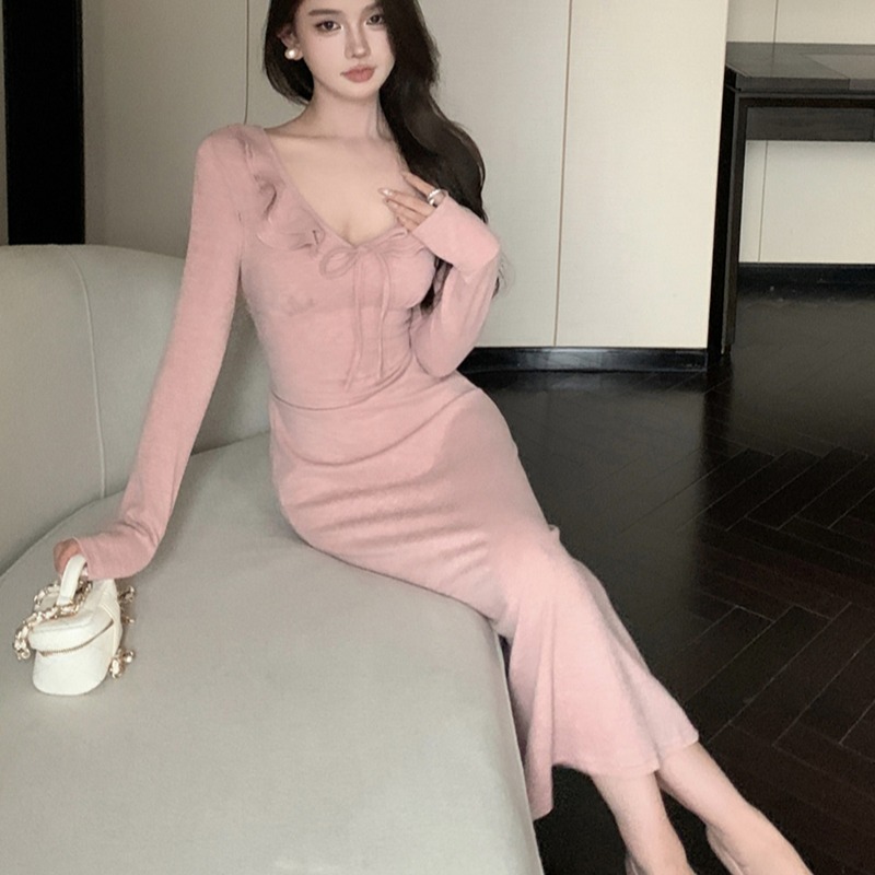 實拍復古性感V領荷葉邊綁帶收腰顯瘦長袖針織連衣裙女