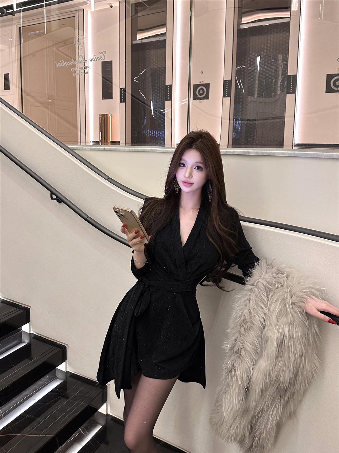 實拍復古性感歐美辣妹V領綁帶高開衩閃閃收腰顯瘦連衣裙女