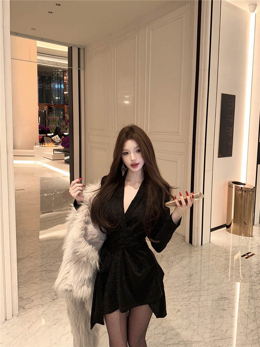 實拍復古性感歐美辣妹V領綁帶高開衩閃閃收腰顯瘦連衣裙女