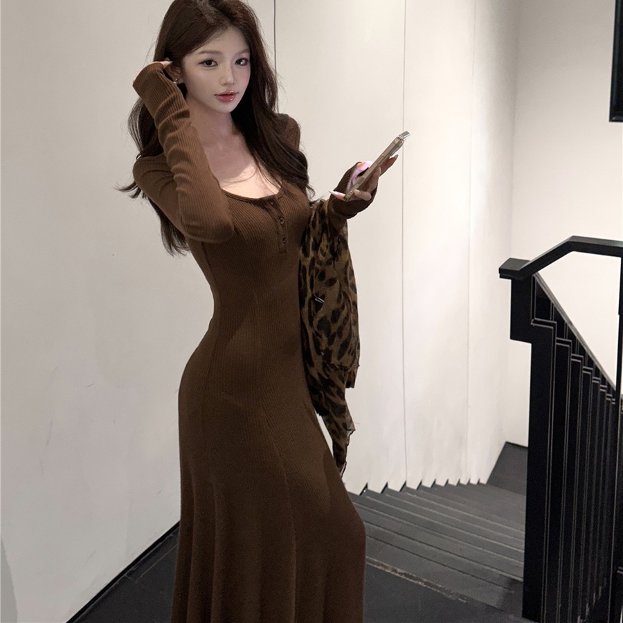 實拍秋季復古性感百搭修身顯瘦針織魚尾長裙連衣裙女