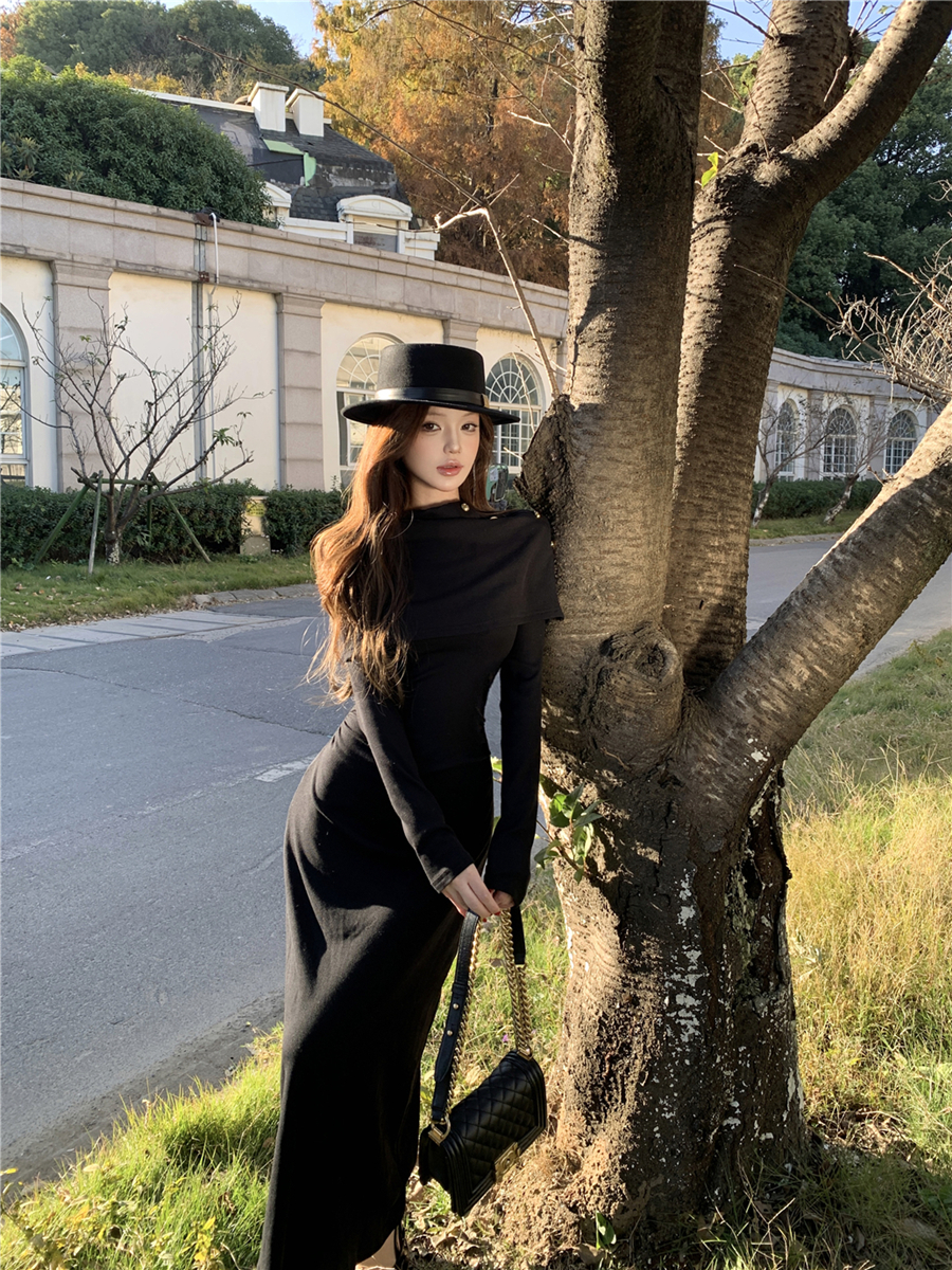 實拍秋冬復古性感優雅氣質披肩收腰顯瘦針織連衣裙長裙女