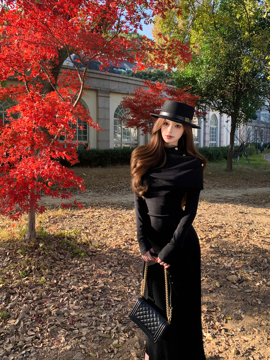 實拍秋冬復古性感優雅氣質披肩收腰顯瘦針織連衣裙長裙女