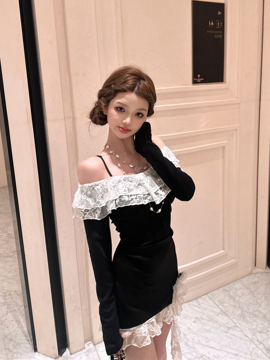 實拍復古性感辣妹時尚一字肩長袖蕾絲拼接包臀吊帶連衣裙女