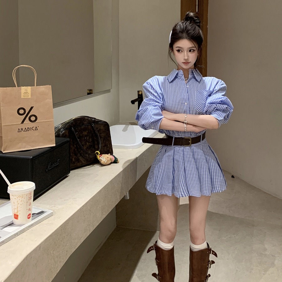 實拍收腰顯瘦藍白格子襯衫連衣裙百褶短裙子有肩墊女