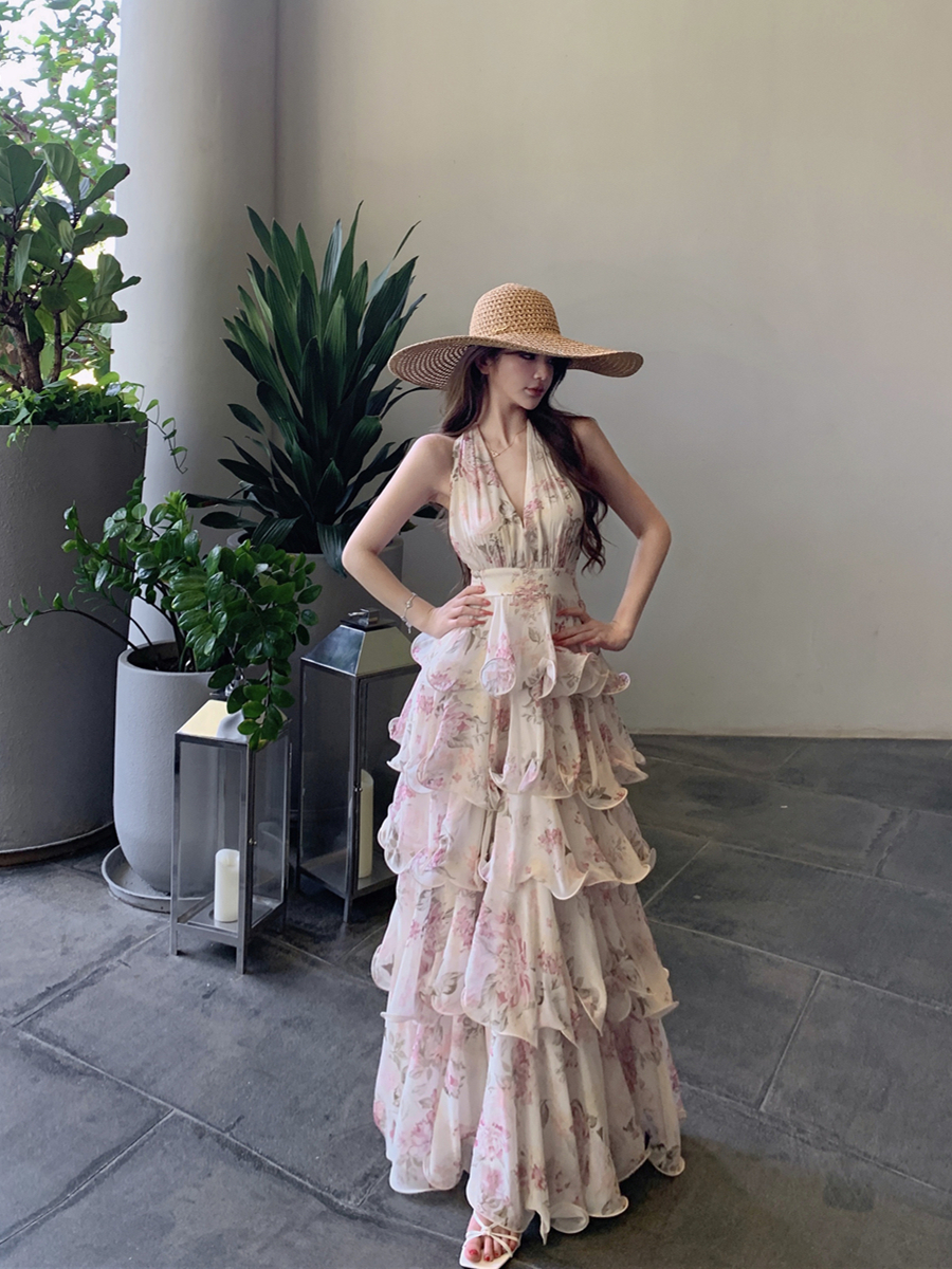 實拍夏季性感度假印花掛脖雪紡蛋糕裙V領連衣裙吊帶長裙女