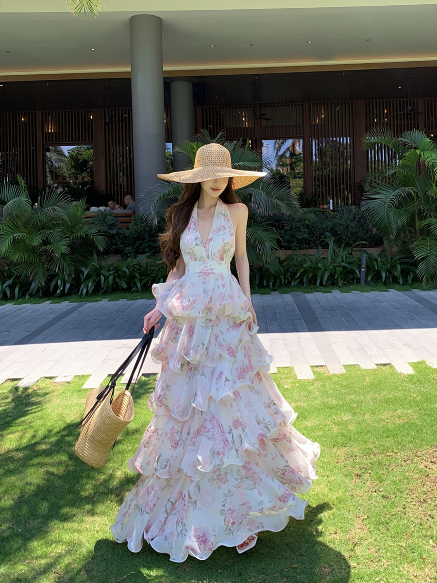 實拍夏季性感度假印花掛脖雪紡蛋糕裙V領連衣裙吊帶長裙女
