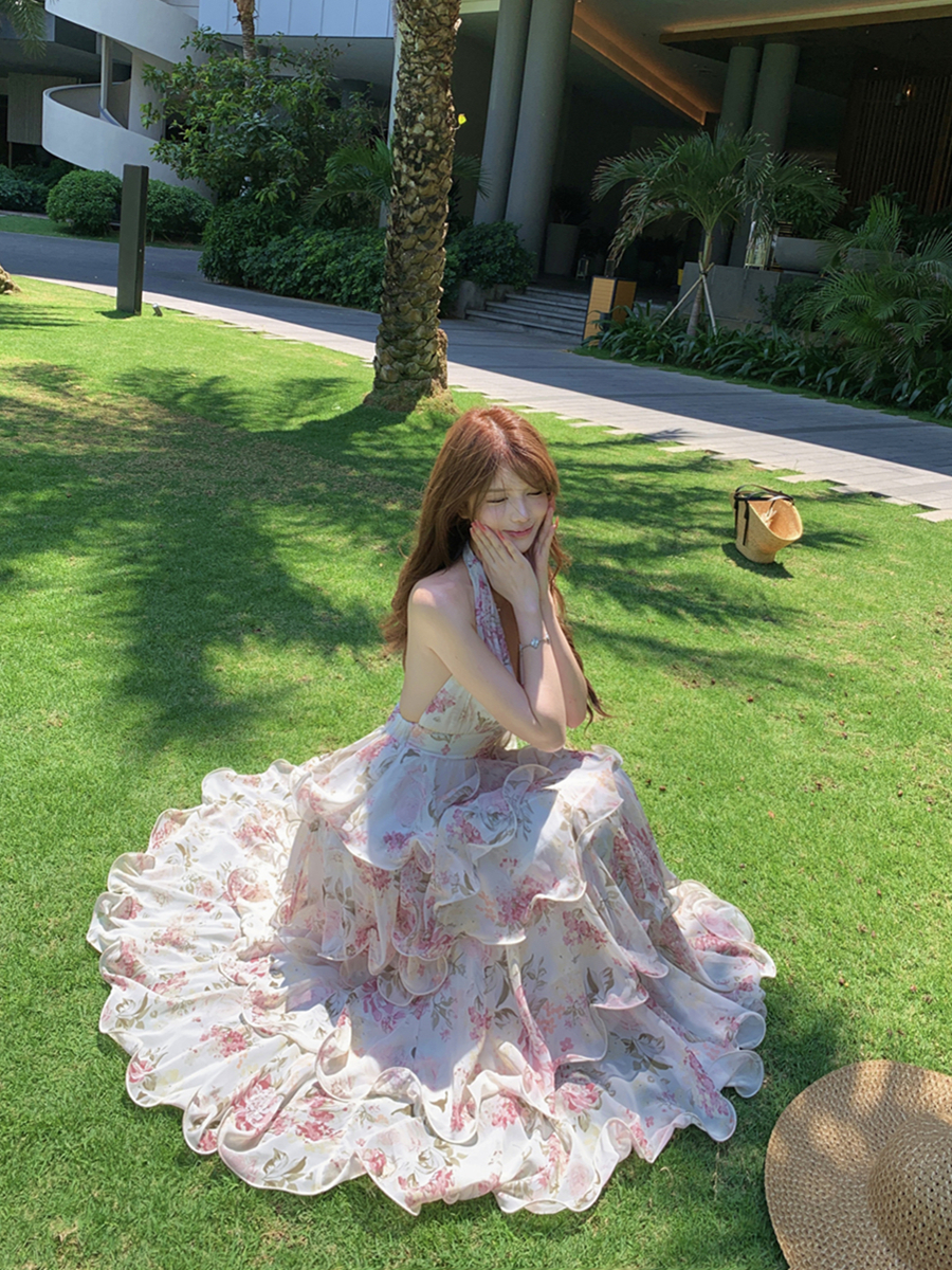 實拍夏季性感度假印花掛脖雪紡蛋糕裙V領連衣裙吊帶長裙女