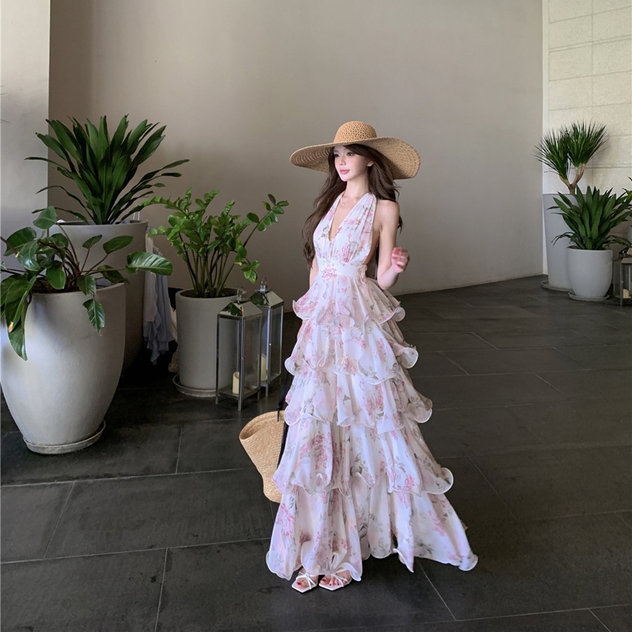 實拍夏季性感度假印花掛脖雪紡蛋糕裙V領連衣裙吊帶長裙女