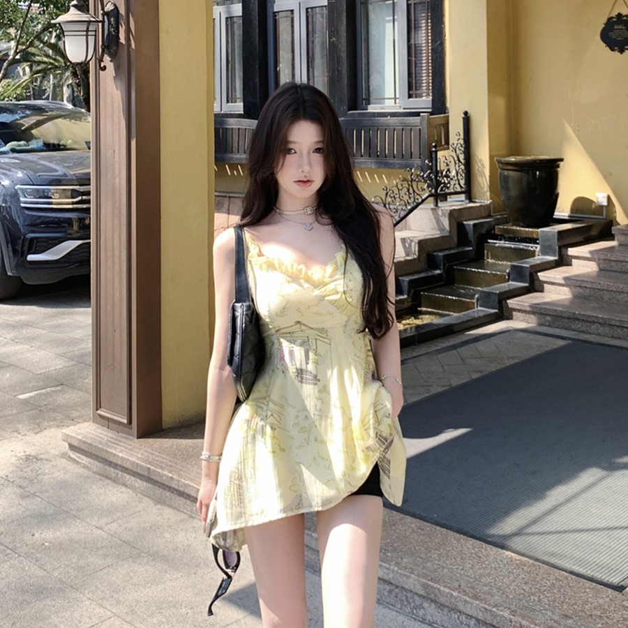 實拍性感V領碎花吊帶上衣女純欲度假風不規則下擺背心裙