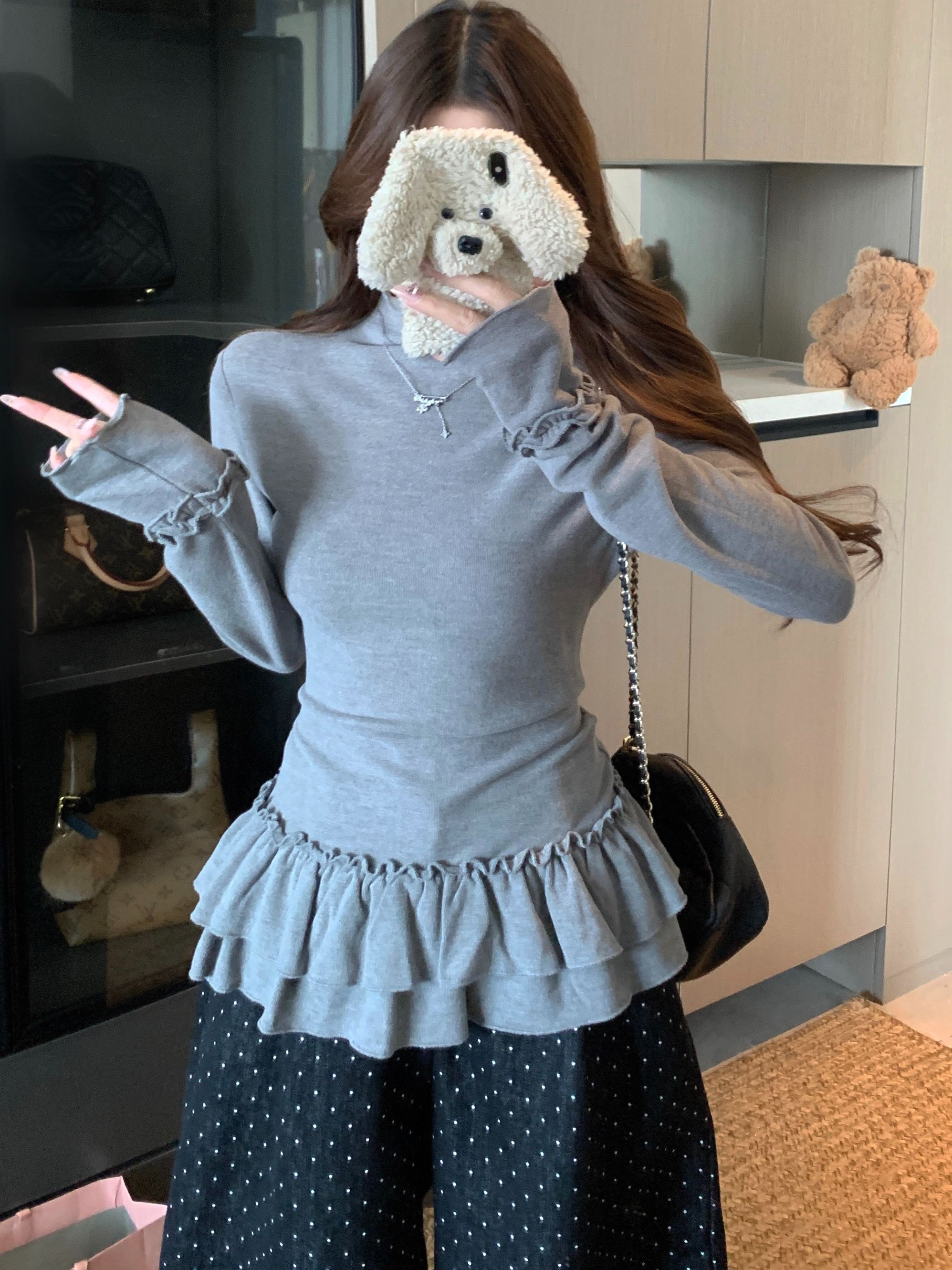 MY17687# 有氧德绒 遮肚半高领磨毛花边长袖T恤女百搭修身显瘦打底上...