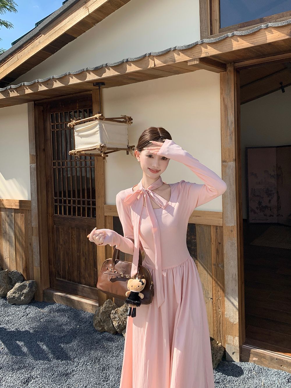 MY17684# 富家千金小香风法式蝴蝶结系带长袖粉A字裙温柔风长裙女裝貨...