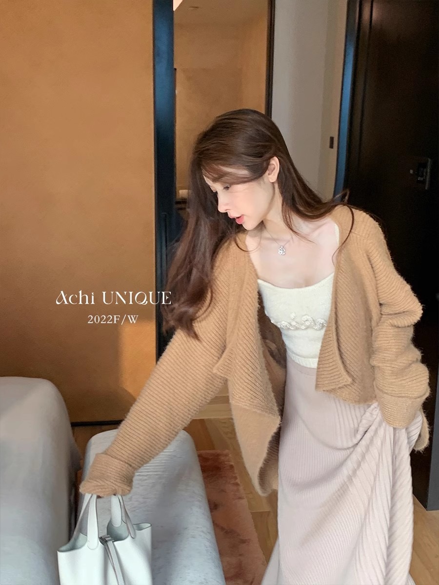 MY15818# ACHI大也池咖色荡领针织开衫长袖中长款上衣羊毛外搭气质...