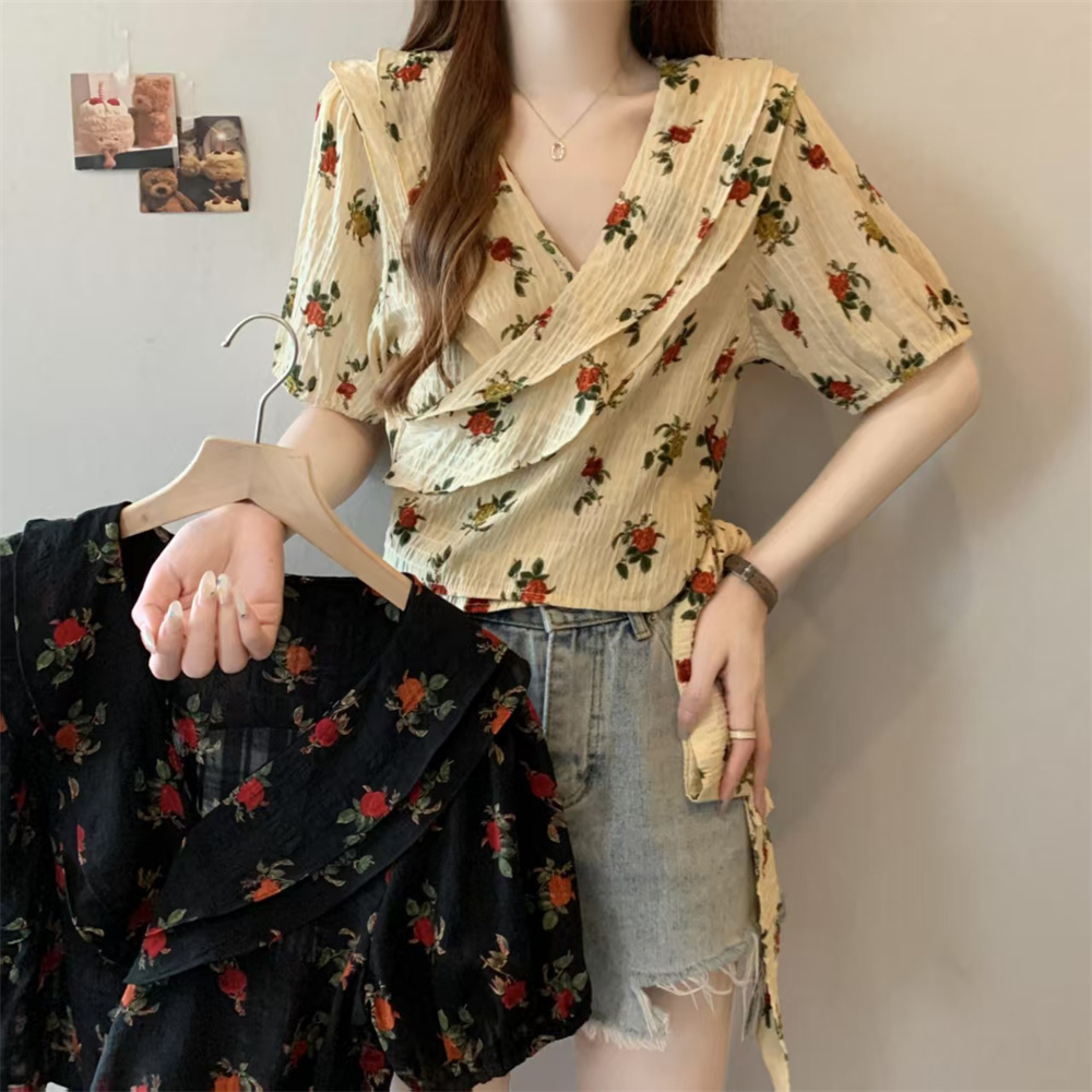 MY8863# 大码胖MM 法式复古V领碎花荷叶边绑带衬衫短袖上衣女裝貨源服裝批發